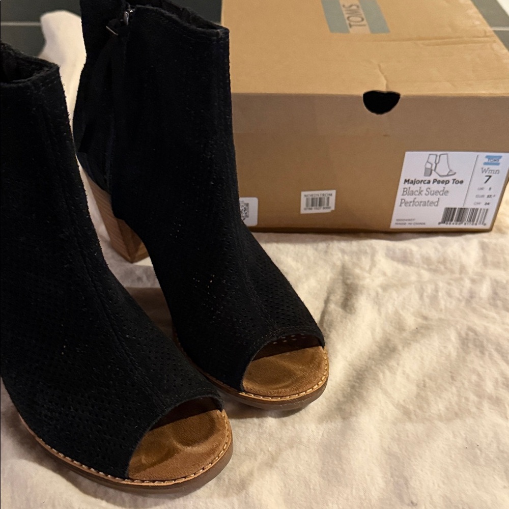 TOMS Black Suede Peep Toe Ankle Booties